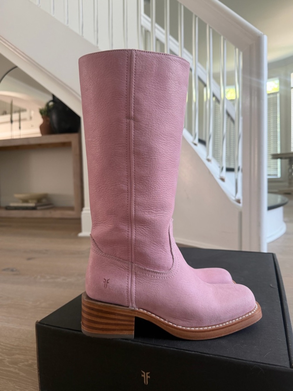 Frye Pink Leather Mid-Calf Stacked Heel Boots - Picture 8 of 8